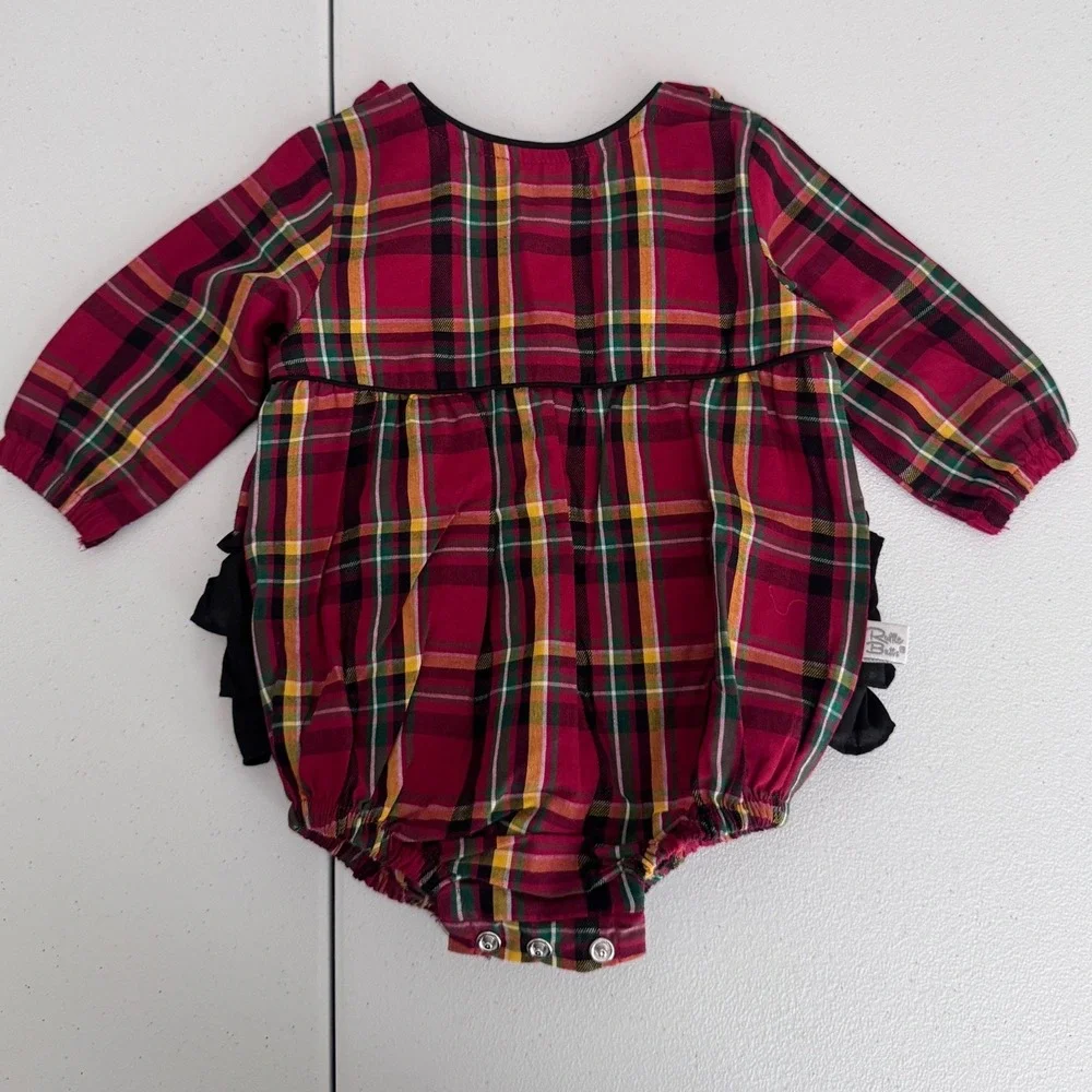 RuffleButts Remington Plaid V-Back Bubble Romper Red Tartan 0-3m ROWPL00-BBRM gf